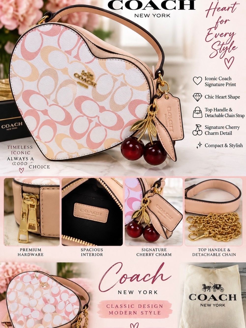 Coach Heart-Shaped Signature Canvas Mini Bag in Pink and Cream with Cherry Charm